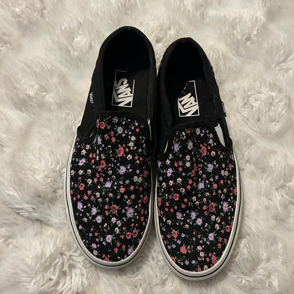 Vans Black Slip-On Sneakers with Pink & Purple Floral Print